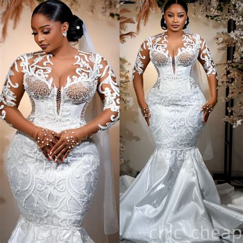 Plus Size Ivory Lace Beaded Satin Mermaid Wedding Dress With Illusion Full Sleeves And Satin ...