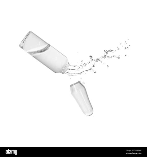 Open ampoule with splashing liquid in air on white background Stock ...