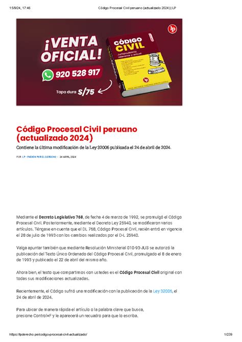 Código Procesal Civil peruano (actualizado 2024) 240923 102009 - Código ...