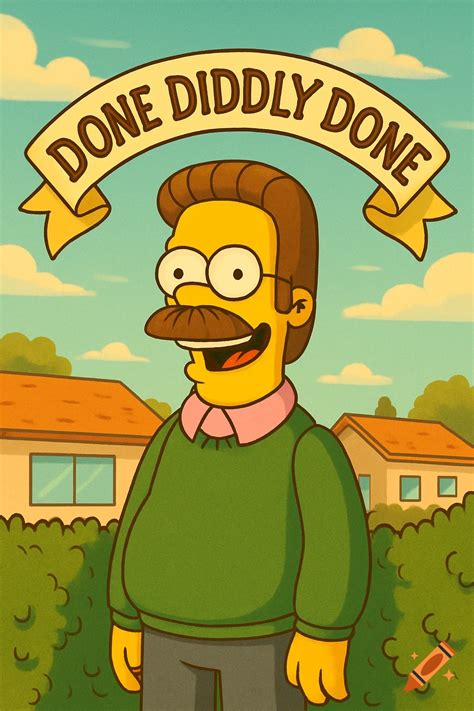 Ned Flanders from The Simpsons smiles under a banner reading 'DONE DIDDLY DONE' in a cartoon ...
