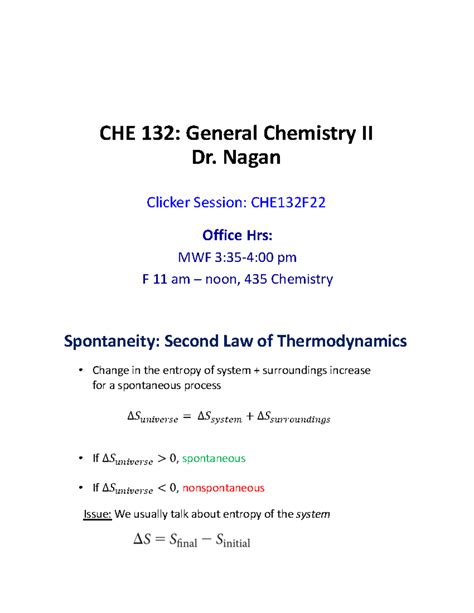 Lecture 10 Free Energy forstudents - CHE 132: General Chemistry II Dr ...