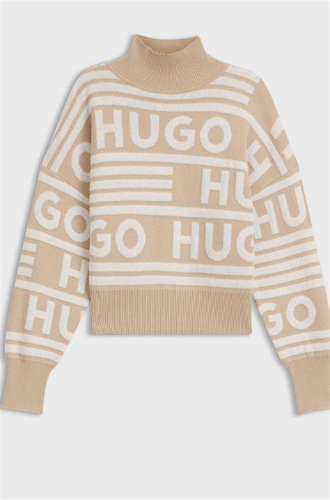 HUGO - Logo-jacquard oversized-fit sweater with mock neckline - Beige ...