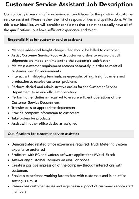 Customer Service Assistant Job Description | Velvet Jobs