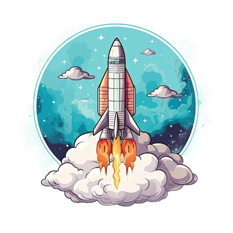 Space rocket flying in the clouds in the style of handcoloring ...