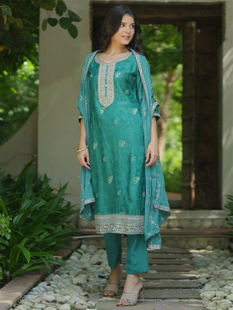 Turquoise Woven Design Silk Blend Straight Suit With Dupatta – Ethnicroop