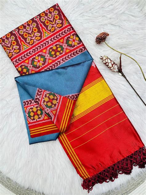 Charming Firozi Ikkat Printed Patola Silk Saree With Hypnotic Blouse P ...