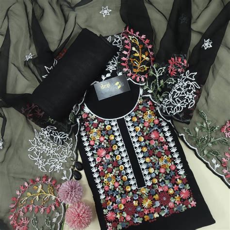 Blissta Midnight Black Thread Work Chanderi Top with Organza Dupatta S ...