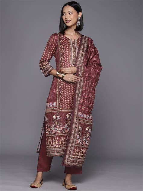Burgundy Ethnic Motif Printed Straight Kurta Paired With Tonal Bottom ...