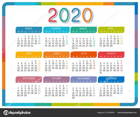 Calendar 2020 Spanish Language White Background Colorful Calendar 2020 ...