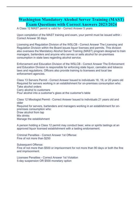 Washington Mandatory Alcohol Server Training (MAST) Exam Questions with ...