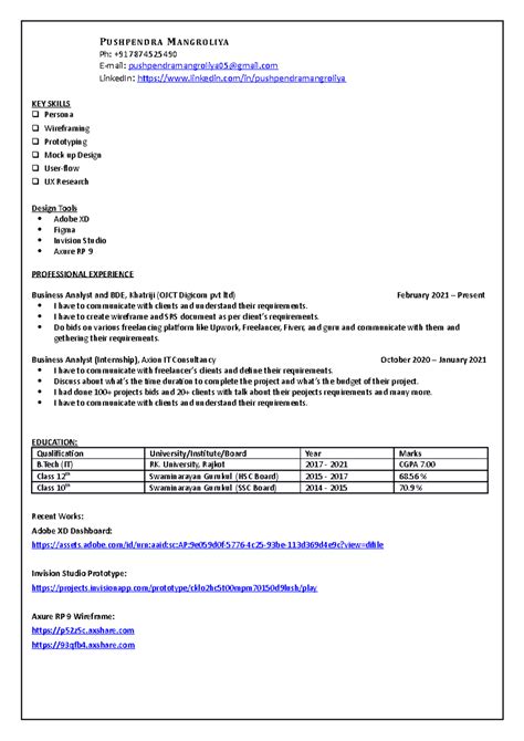 Resume (Name) - PU S HP EN D RA MA N G RO LI YA Ph: + E-mail ...