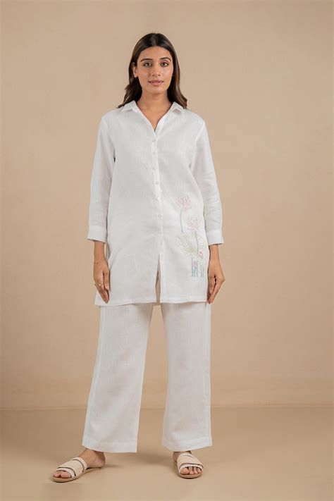 Linen Full Placket Short Kurta- Marble White