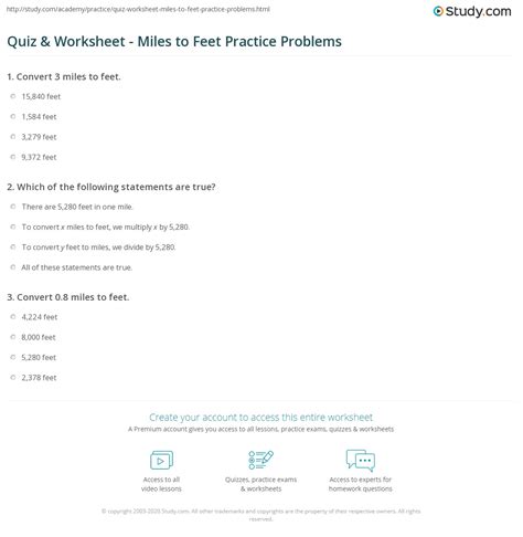 Quiz & Worksheet - Miles to Feet Practice Problems | Study.com