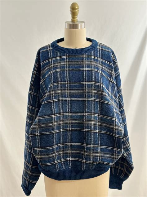 Vintage 90s Gant Blue White Black Gray Plaid Grandpa Sweater Vintage ...