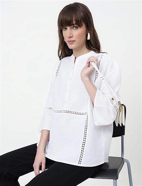 Buy Linen Rich Embroidered Mandarin Collar Top at Marks & Spencer