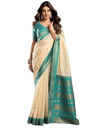 Buy Satrani Women's Cotton Blend Banarasi Jacquard Saree with ...