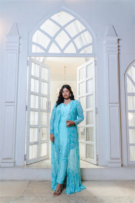 Shop Sky Blue Abstract Jacket Set | Megha Pitti