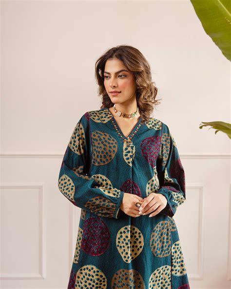 Teal Blue Modern Bandhej 2 Piece A Line Comfy Cotton Kurta Set For ...