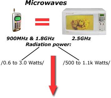 Above is a comparison of radiation of cellular phones and microwave ovens: