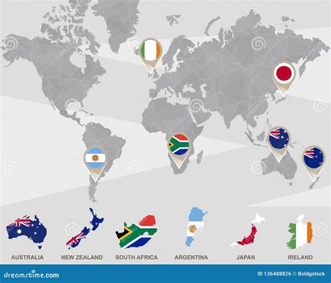 World Map with Australia, New Zealand, South Africa, Argentina, Japan, Ireland Pointers Stock ...