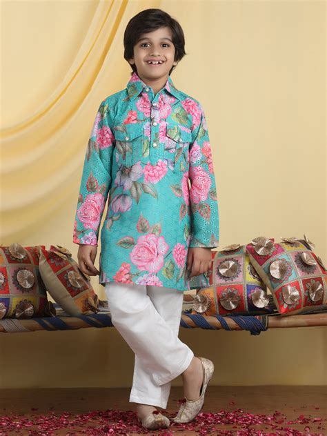 Cutiekins Boys Floral Print Shirt Collar Kurta & Pajama Set -Sea Green