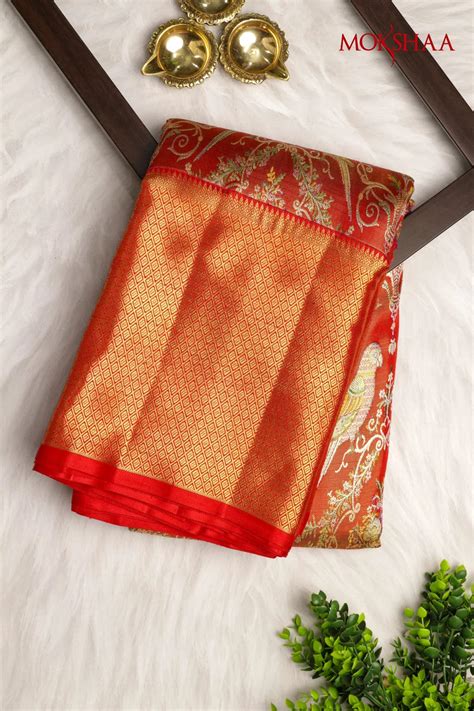 Rust Red Kanchivaram Tissue Silk Saree with Meena Weaving & Zari Border ...