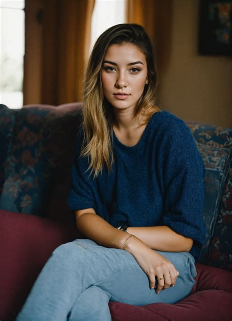 Lexica - 22 year old woman on a couch, looking at the camera