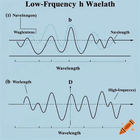 Diagram of high and low frequency waves with wavelength labels on Craiyon