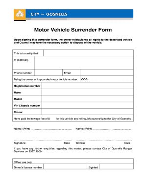 Fillable Online Motor Vehicle Surrender Form - City of Gosnells Fax ...