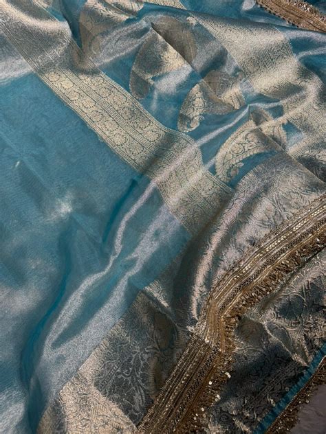 Metallic Sea Green Tissue Silk Zari Jacquard Lace Work Banarasi Saree ...