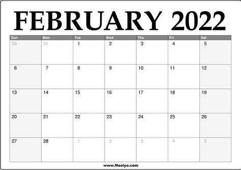2022 February Calendar Printable – Download Free – Noolyo.com
