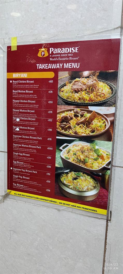 Menu at Paradise Biryani MGBS, Hyderabad, Bus Stand