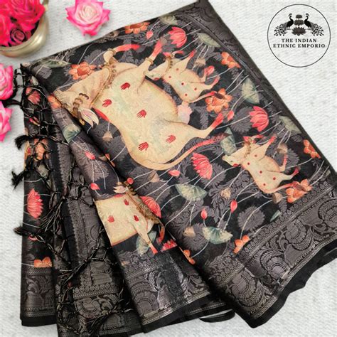 Beautiful Black Handloom Silk Pichwai Print Saree – theindianethnicemporio