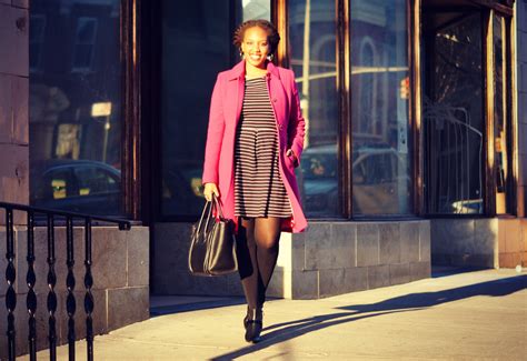 Pink Lady Coat + Black and White Striped Dress