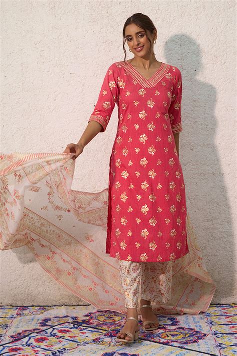 Buy Pink Floral Foil Printed Kurta, Palazzo and Dupatta Set Online for ...
