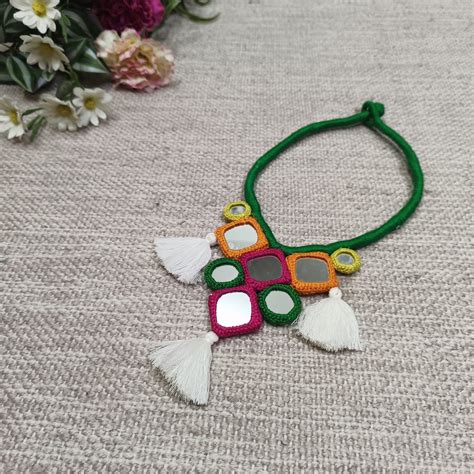 Buy Handcrafted Mirrorwork Dark Green Dori Neckpiece | Godhuli
