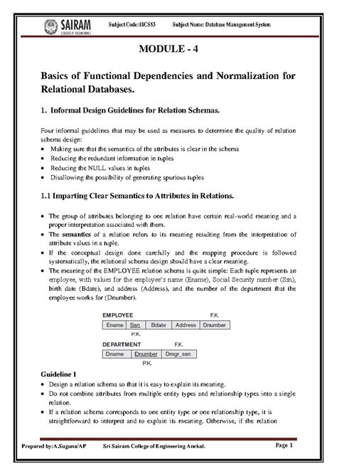 Dbms module 4 - MODULE - 4 Basics of Functional Dependencies and ...