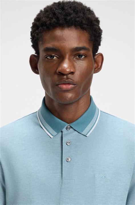 BOSS - Oxford-piqué polo shirt with stripe trims - Light Blue