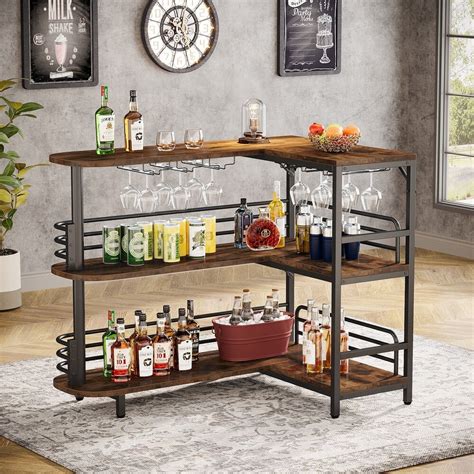 Buy L-Shaped Home Bar Unit, 3 Tier Liquor Bar Table with Storage ...