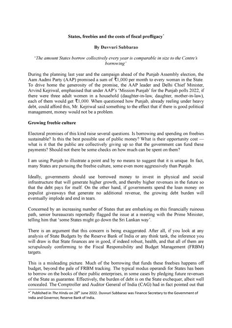 States, freebies and the costs of fiscal profligacy - To drive home the ...