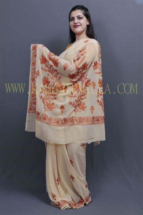 Fawn colour kashida work saree with wonderful designing on border