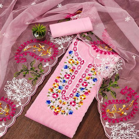 Pink Floral Embroidered Chanderi Dress Material