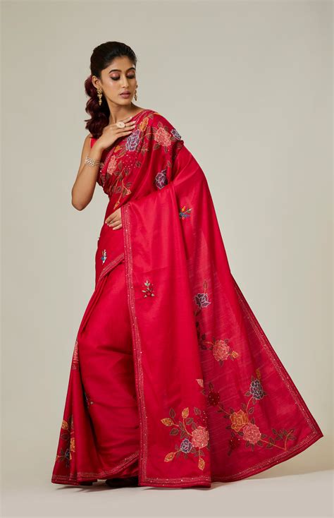 Red Kantha Work Saree – Aparnaa Sarees