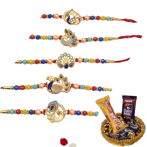 Meira Jewellery Combo Set of 5 Rakhis for Brother with Chocolate gift ...