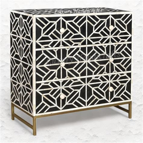 Abstract Bone Inlay 3 Drawer Chest Black – Luxury Handicrafts