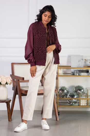 Buy Brown Cotton, Polyester Macrame Open Tammy Jacket For Women by Rhe ...