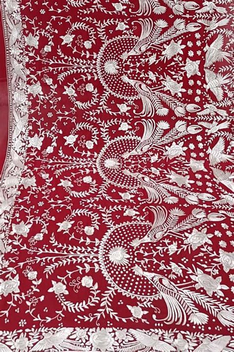 Stunning Red Parsi Hand Embroidered Georgette Dupatta