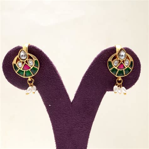 Premium Jadau Kundan Chaandini Tilak Press On Bugadi Earrings With Pea