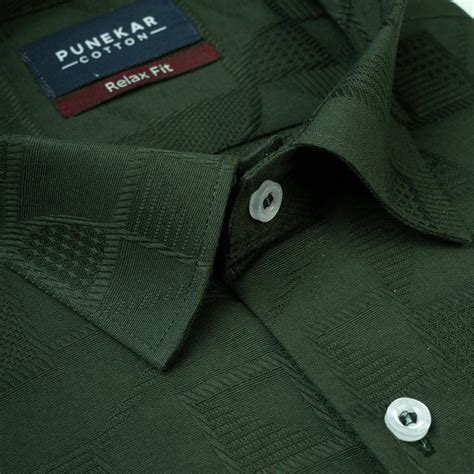 Dark Green Colour Geometric Jacquard Texture Shirt for Men – Punekar Cotton