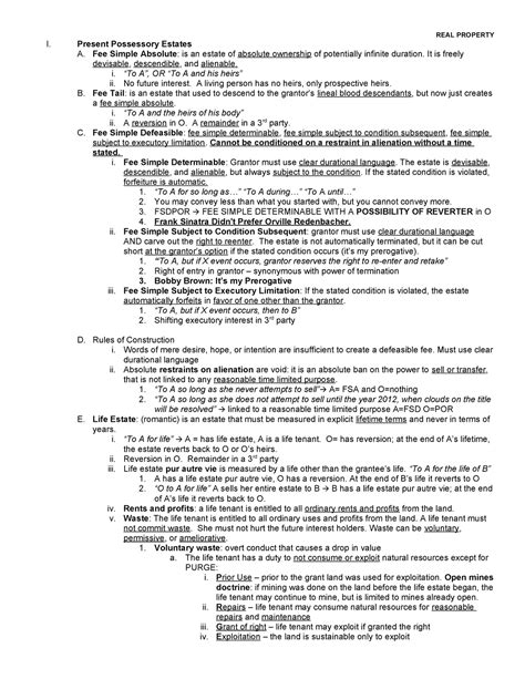 Real Property Outline - I. Present Possessory Estates A. Fee Simple ...